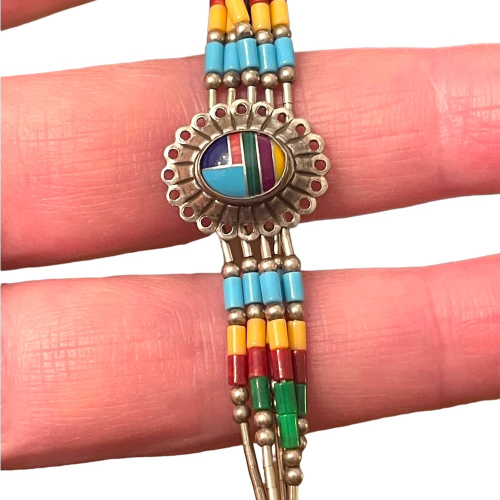 Vintage Native Southwestern ZUNI Seed bead Sterling silver stone Inlay bracelet - Picture 5 of 9